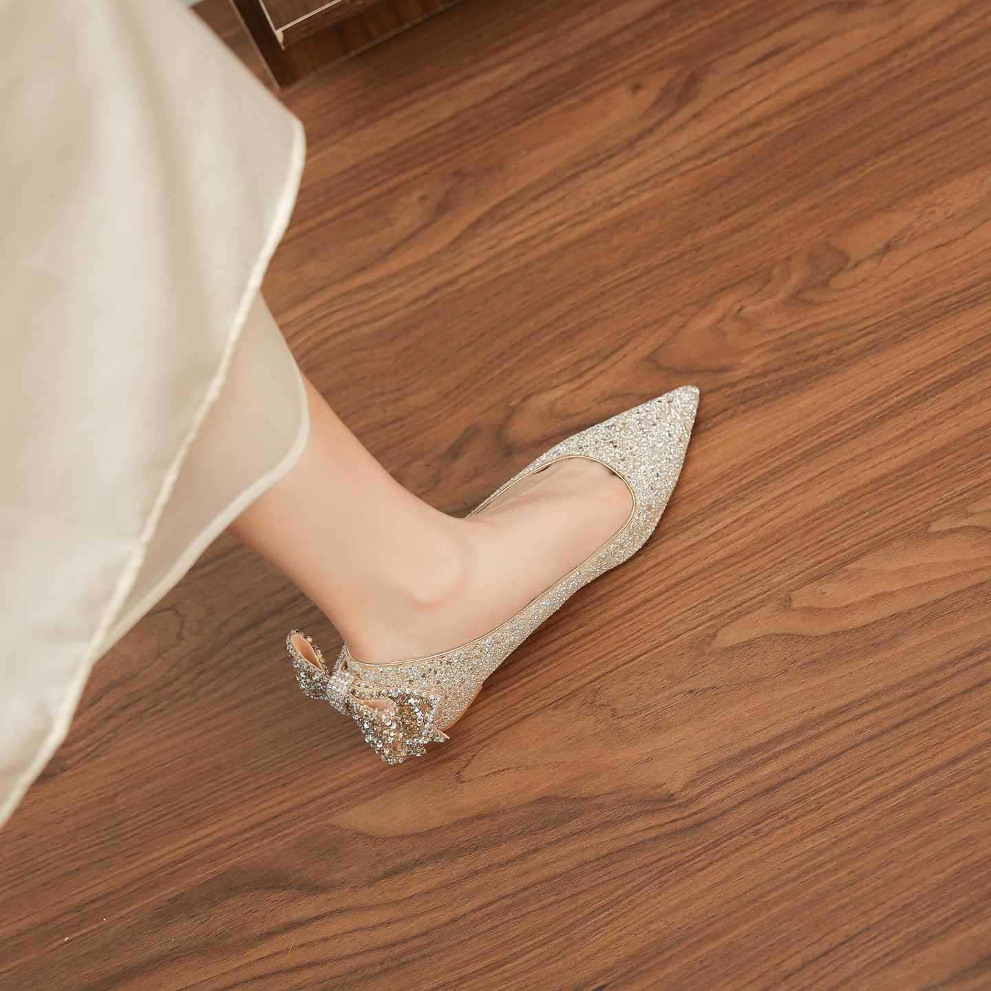 6388E-177 Internal Height Increase Sequin High Heels With Crystal Rhinestones Main Gauze Shoes Xiuhe Two-Way Bride_voghion.com