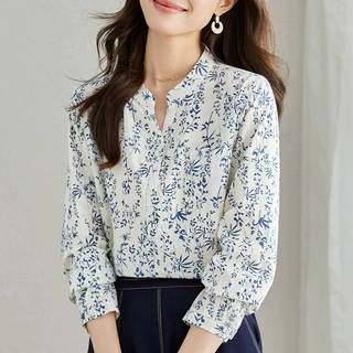 厂家直销2026春秋新中式国风衬衫女纯棉长袖V领宽松上衣女