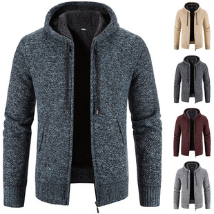 Cross-border Autumn and Winter New Sweater Cardigan Outwear Casual Loose Large Size Fleece-lined Thickeneded Hooded Knitwear Jacket for Men