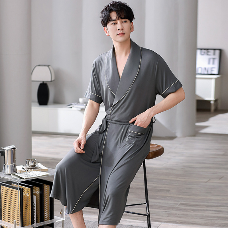 모달 잠옷 남성 여름 얇은 반팔 여름 대형 루즈 홈웨어 목욕 가운은 밖에서 착용 가능