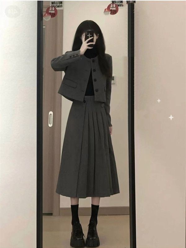 原版质量毛呢套装裙新款气质小个子短款外套女半身裙两件套|undefined
