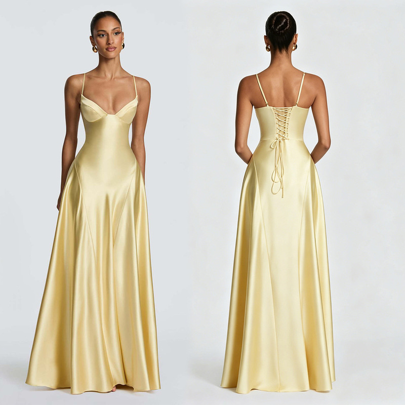 2026 New European and American Style Satin Strapless Waist-Cinching Long Evening Dress with Deep V-Neck and Elegant Flare Skirt for Evening Parties 2026 New European and American Style Satin Strapless Waist-Cinching Long Evening Dress with Deep V-Neck and Elegant Flare Skirt for Evening Parties