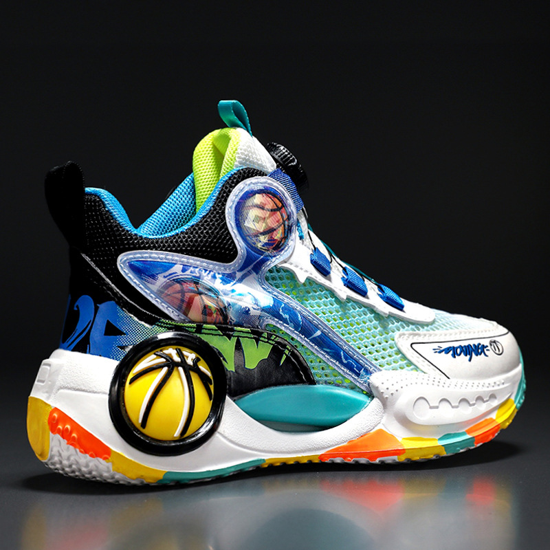 Zapatos para niños, zapatos deportivos, 2025 primavera y otoño, nuevos zapatos de baloncesto transpirables de malla para niños, botones giratorios para niños grandes y niños