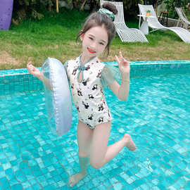 夏季飞袖网纱盘扣游泳衣连体儿童速干新款中式女宝宝国风印花泳装