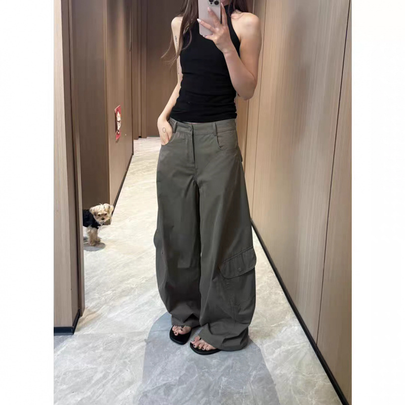 美式复古多口袋工装裤女款夏季高腰宽松阔腿拖地裤直筒微喇牛仔裤|undefined