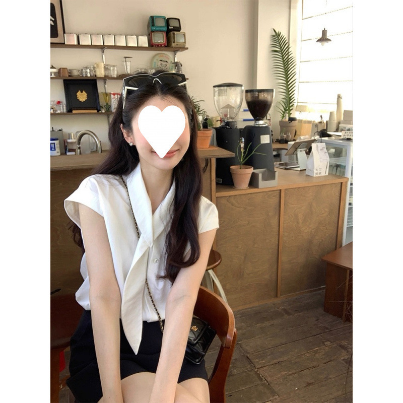 2025法式领飘带设计感小众白色衬衫女夏气质衬衣显瘦短袖别致上衣|undefined
