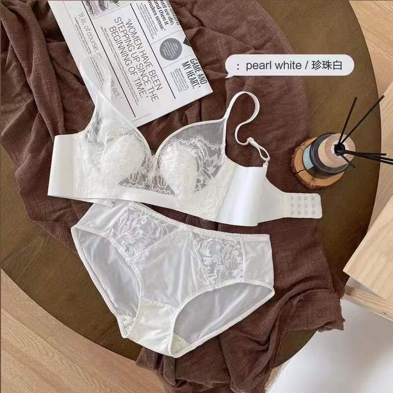Crystal Cup Nude Underwear Lace Wire-Free Sexy Push-Up Adjustable Big Breasts Showing Bunny Ears Bra Set