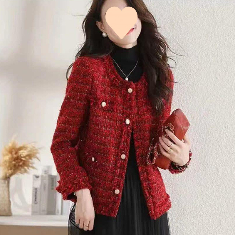 Autumn and Winter Fashion French Popular New Style Socialite Chanel-Style High-End Coat Elegant Red Tweed Versatile Top