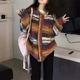 时尚新款针织开衫慵懒风渐变色毛衣女装外套设计感秋冬中长款上衣