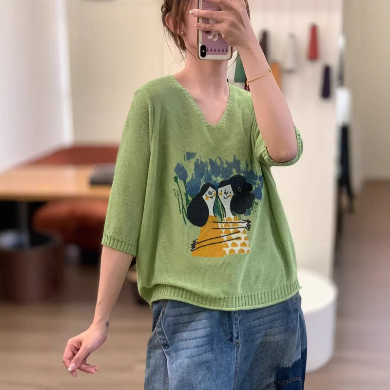 26 Spring New Style Linen Lyocell Printed Loose Slimming Elegant Age-Reducing Knit Pullover Mid-Sleeve Top for Women