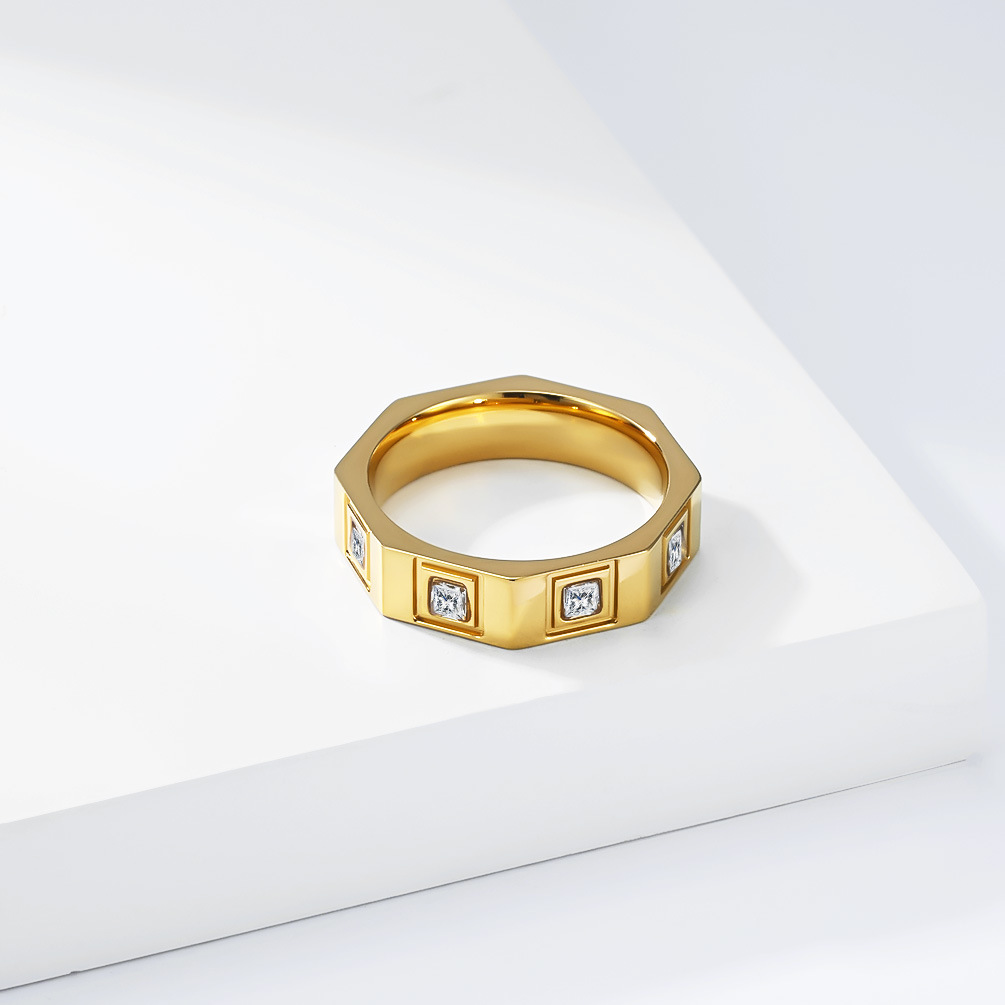Bague unisexe géométrique 8 faces incrustée de diamants titane_voghion.com