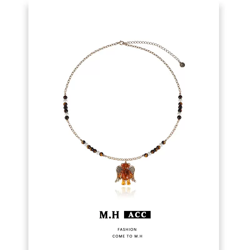 天使小熊串珠项链配饰女轻奢小众精致甜酷风原创设计感毛衣链颈链