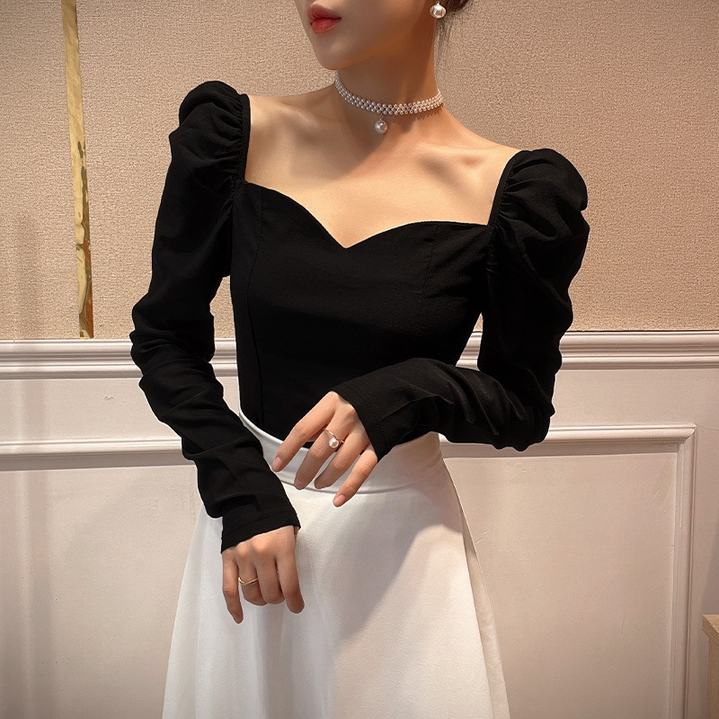 法式复古方领春秋长袖t恤女秋季内搭性感打底衫泡泡袖上衣外穿ins