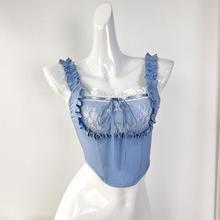 T外贸原单 纯欲风法式少女感蕾丝花边性感内搭蓝色吊带针织短上