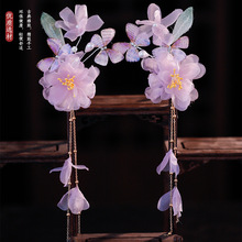 款古风绢纱烫花对夹花仙子渐变粉仿真花朵边夹仙美流苏发饰头饰