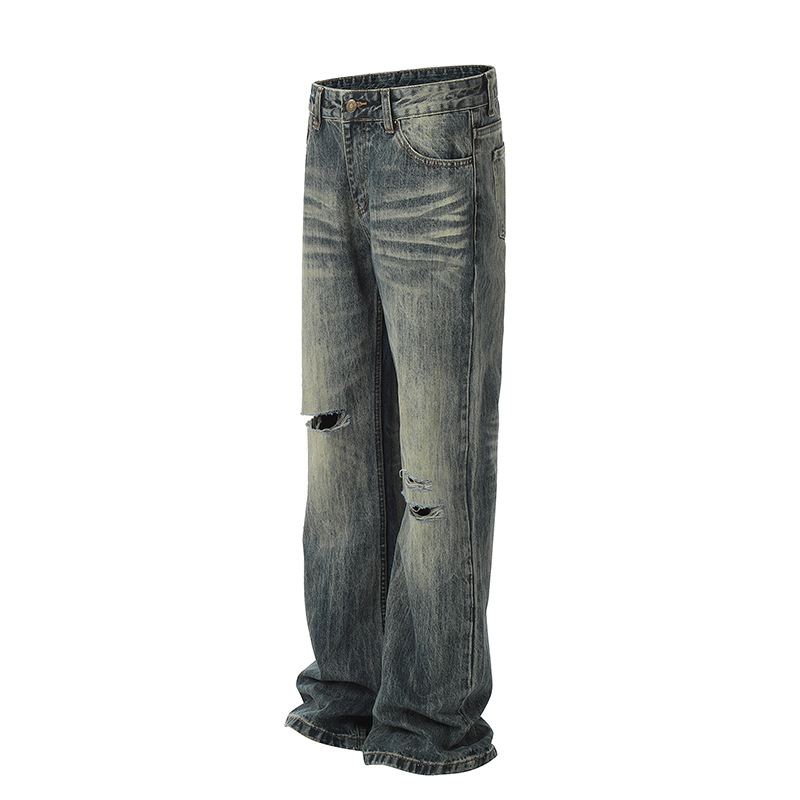 Unisex American Retro Cleanfit Washed Flared Ripped Jeans Straight Leg Slim Fit Street Style Wide Leg Pants_mkmklike.com