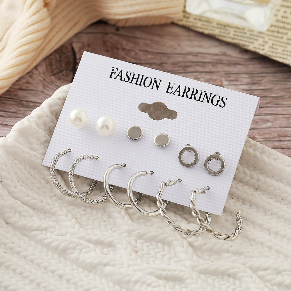 European And American Simple Earrings Alloy 6 Pairs Pearl Earrings Set Creative Ins Style Geometric Earrings display picture 10