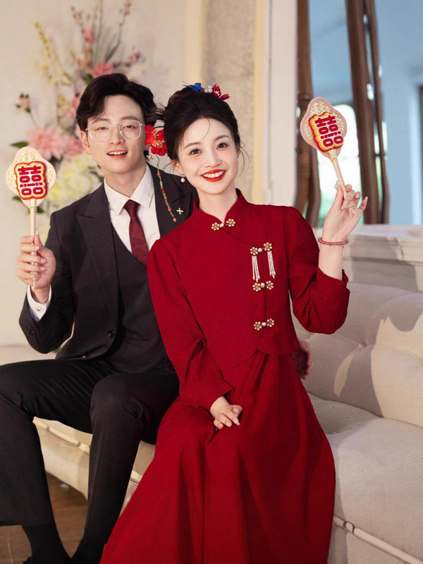 新中式旗袍敬酒服新娘红色回门连衣裙订婚礼服秋冬季长袖结婚便装|undefined