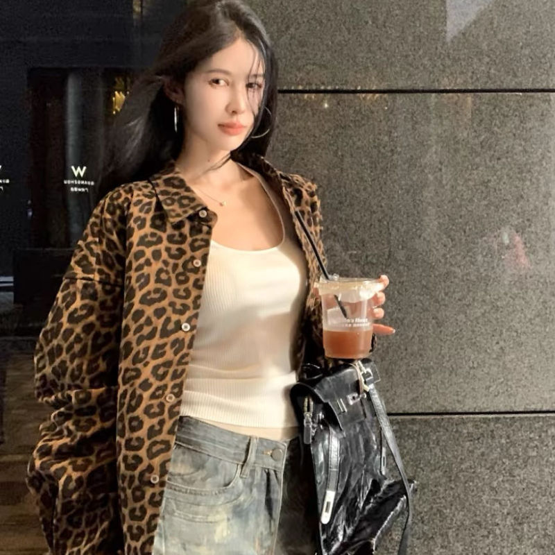 复古豹纹翻领长袖外套女秋季美式辣妹设计感小众宽松衬衫开衫上衣|undefined