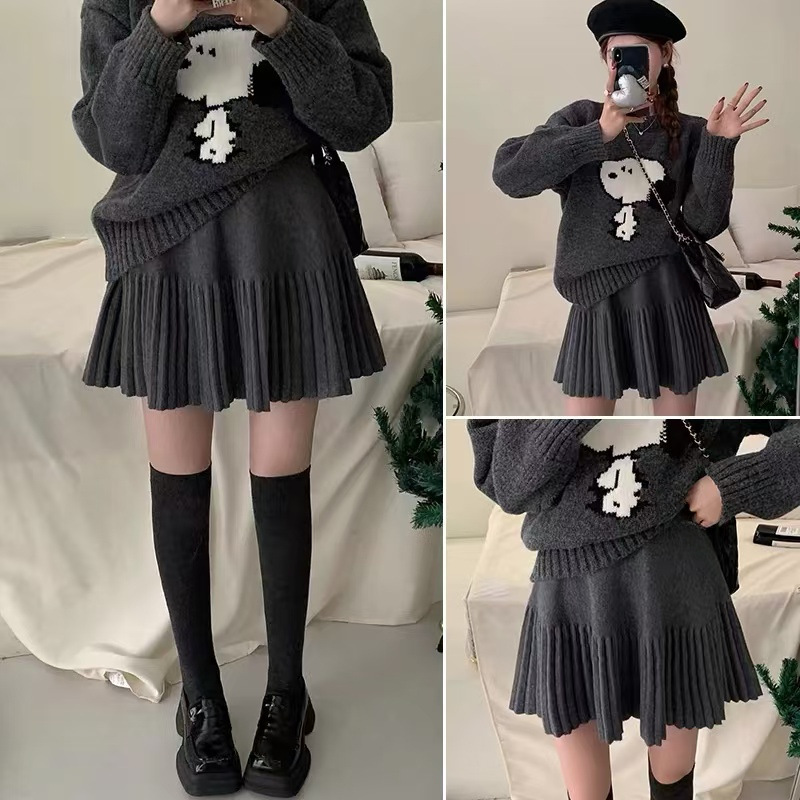 Skirt with Elastic Band, Black Pleated Skirt, A-Line Skirt, Versatile Korean Style Pleated Style, A-Type High Waist, White Splicing