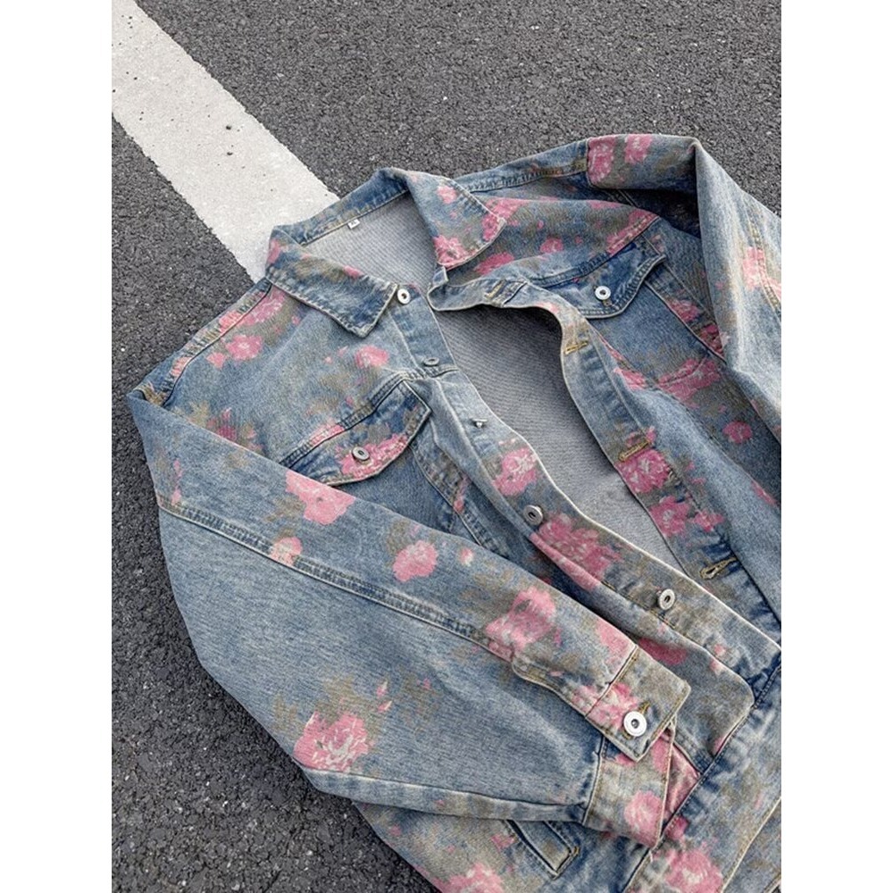 Men's Clothing Unisex Floral Print Denim Jacket Spring Autumn Trendy Designer Collared Workwear Jacket American High Street Style_mkmklike.com