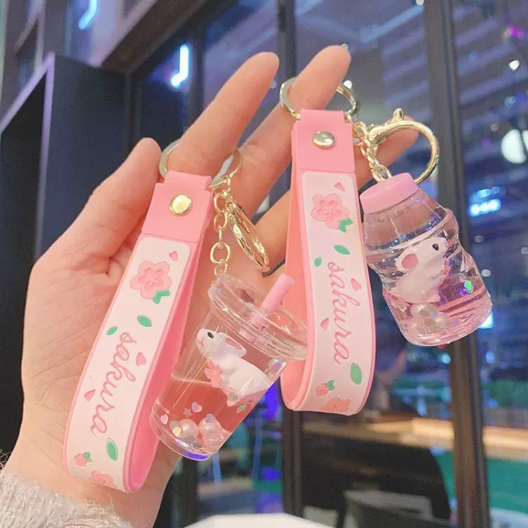 新款卡通入油小兔子钥匙扣挂件可爱个性创意玉兔流沙瓶女包包挂饰