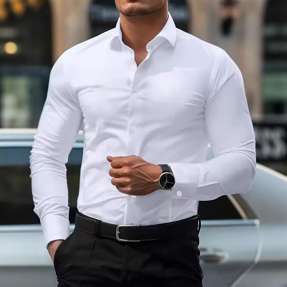 Muscular Men's Business Shirts, No-Iron Professional Work Men's Summer Anti-Wrinkle Casual Shirts, Men's Long-Sleeved Shirts