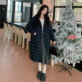 深蓝色复古格纹双面呢连帽大衣女秋学院风宽松休闲中长款外套