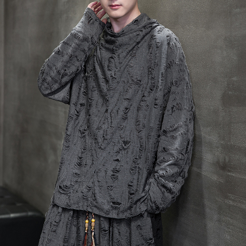 Chinese Style Men's Clothing for Spring and Autumn, New Chinese Style, Ancient Style, Plus-Size Tang Suit, Ripped Hanfu, Long-Sleeve T-Shirt, Trendy Japanese Retro Chinese Style Men's Clothing for Spring and Autumn, New Chinese Style, Ancient Style, Plus-Size Tang Suit, Ripped Hanfu, Long-Sleeve T-Shirt, Trendy Japanese Retro