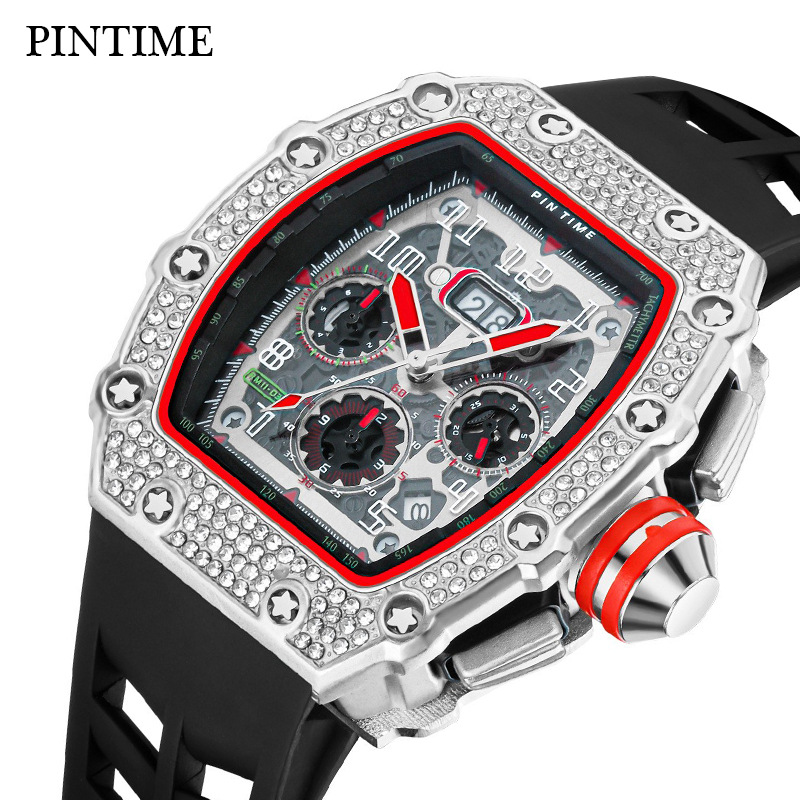 Pintime Watch European and American Popular Full Diamond Barrel-Shaped Cut Out Quartz Watch Men's Mechanical High-End Watch