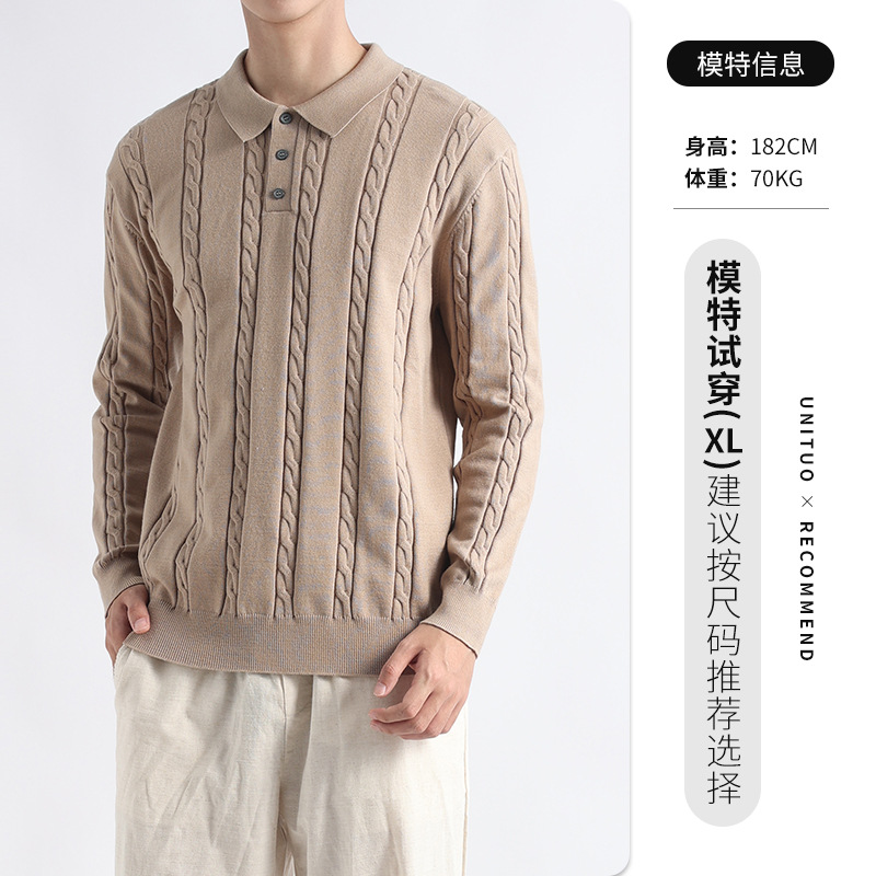 Polo de cuello a rayas de torsión para hombre lujo ligero de manga larga de alto nivel de negocios casuales suéter de punto para hombre