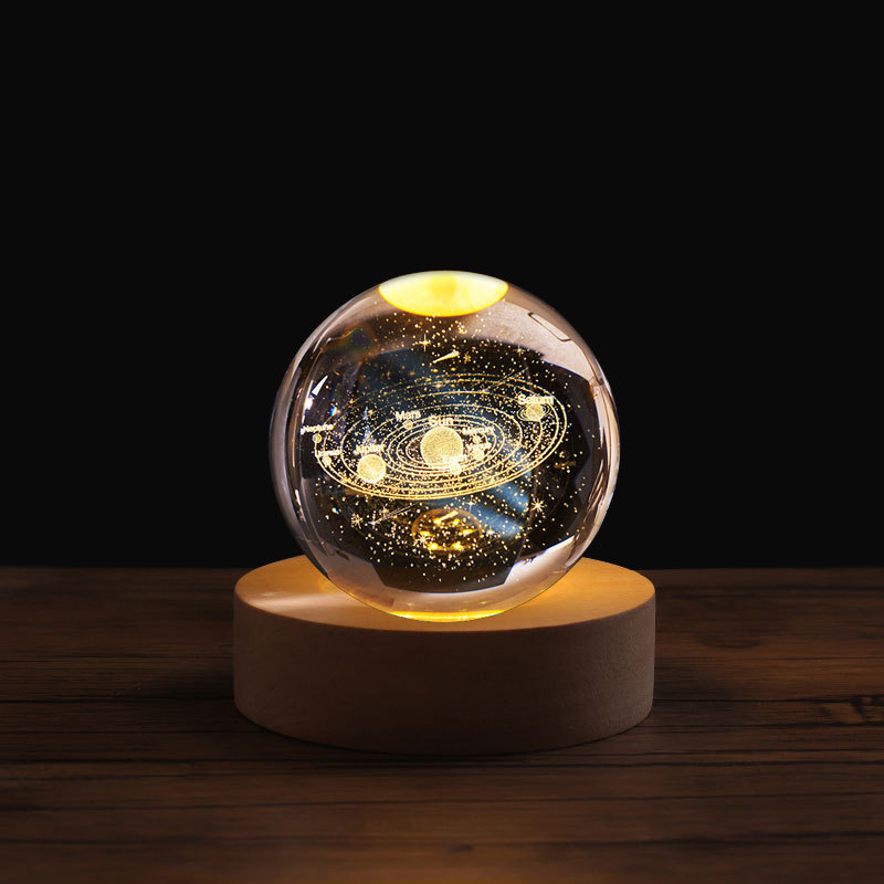 temu amazon una lámpara de noche de cristal de bola galáctica 3D láser interior grabado adornos de madera lámpara de noche galáctica