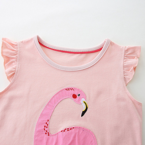 2024 Western and European Style Girls' Short-Sleeve Dress Summer Cartoon Patchwork Crew Neck Girl Sheer Dress Cute Princess Dress