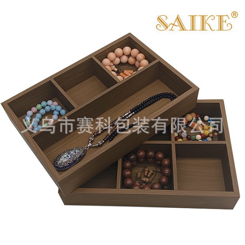 现货批发黑胡桃纹木质4格6格家居收纳盘礼品小摆件玩偶收纳展示盘