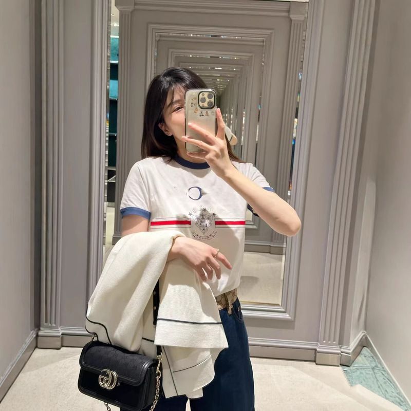 European Station Double G25 Early Spring Casual Color Matching Printed Crewneck All-match Short-sleeved T-shirt Slim-fit Commuting Fashion Brand