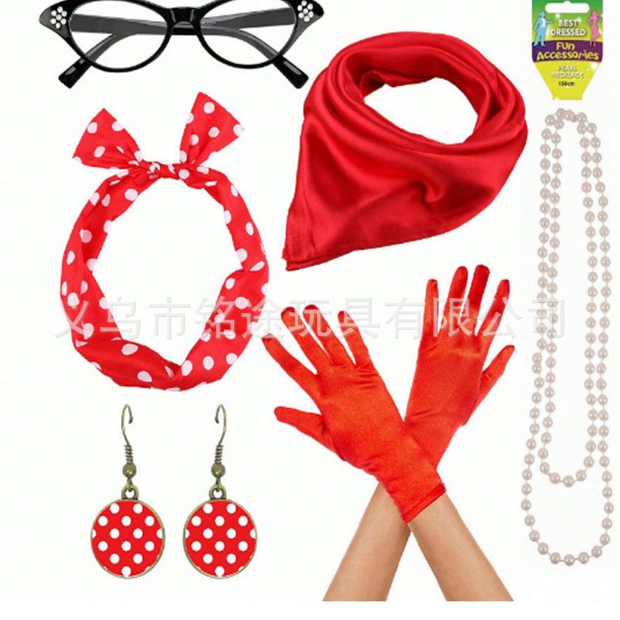 Cosplay de fiesta de la era europea y americana, ropa retro de la década de 1950, aretes de lunares, aretes, diadema, accesorios