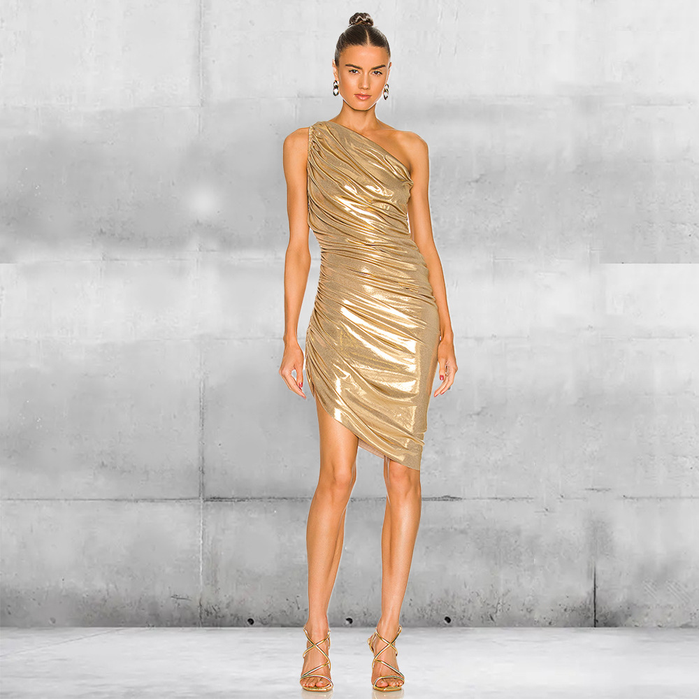 【清仓特价款】外贸欧美女装性感斜肩褶皱连衣裙气质无袖不规则裙