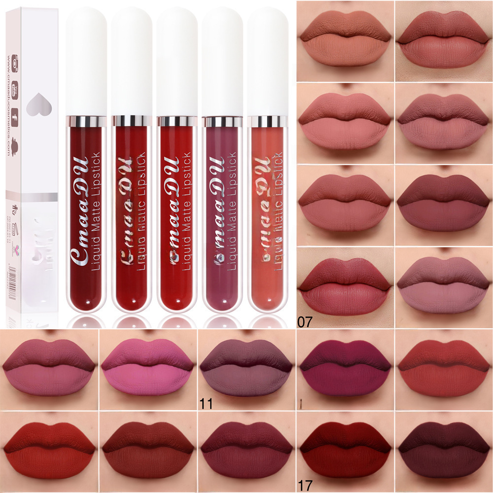 Cross-Border Cmaadu 18-Color Lipstick Lip Glaze Matte Not Easy to Remove Makeup Dip Lip Gloss European and American Red Nude Export Makeup