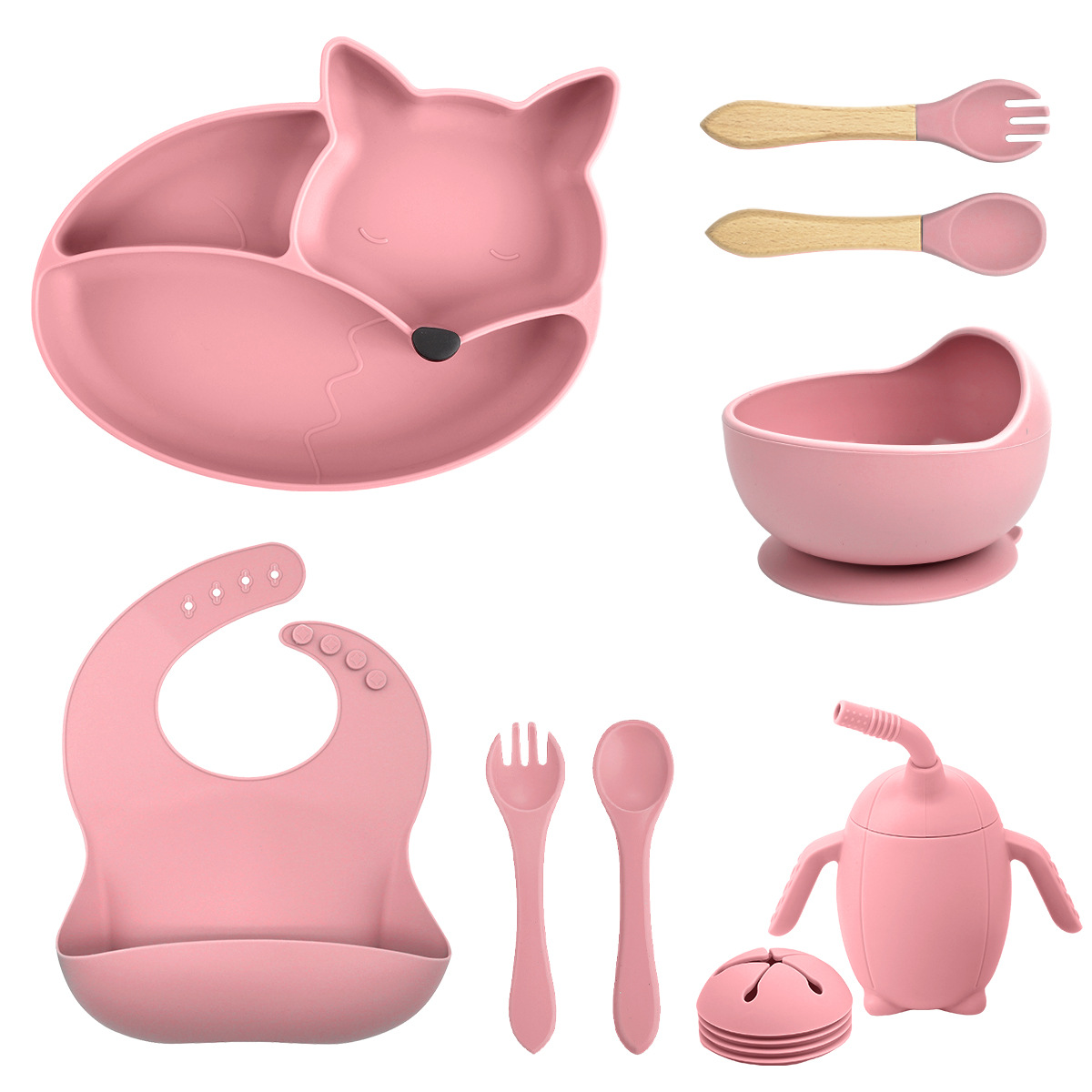 Tazón de alimentos para bebés para bebés, bebé, bebé, bebé, bebé, bebé, zorro, plato de silicona, plato, juego de vajilla para niños, madre y bebé