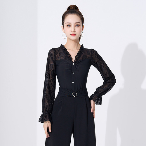Latin dance tops for women with lace sleeves, new modern dance clothes for practice, adult national standard hot diamond fashion dance clothes and dance clothes