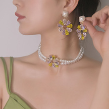 法式珍珠花朵耳环项链串珠小众高级耳饰项饰小香风套装雏菊花朵