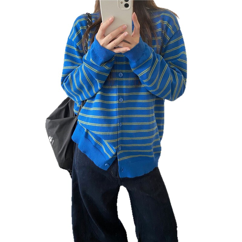 复古撞色条纹针织开衫2025秋冬新款宽松慵懒休闲女式毛衣上衣外套|undefined