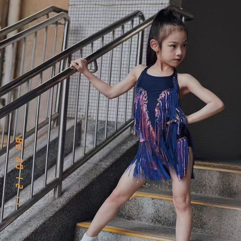 拉丁舞儿童连衣裙表演新款女童舞蹈流苏亮片练功少儿演出服服装|undefined