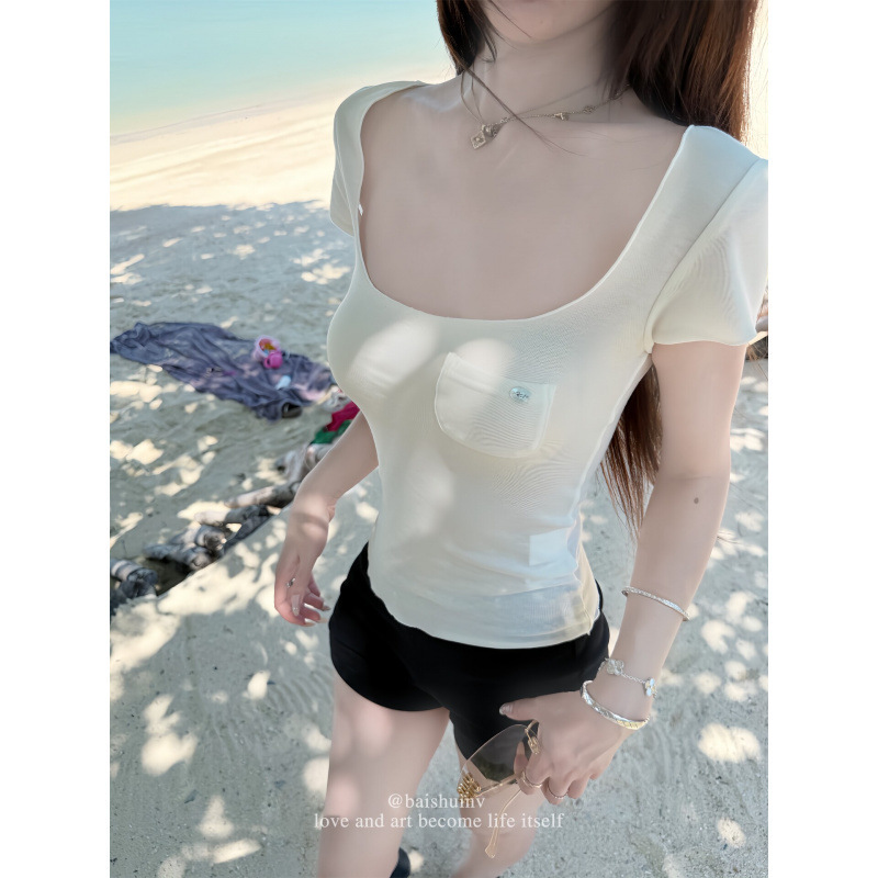 In-Stock Tencel Spicy Girl U-Neck Short-Sleeve T-Shirt for Women, Summer 2026, Slim Fit, Exposed Collarbone, Relaxed Fit, Regular Shoulder, Solid Color, Versatile