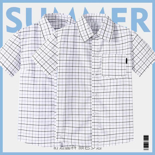 Primary and Middle School Children's Cotton Shirt Short Sleeve Large Plaid School Uniform British Style Boys and Girls Students University Children's School