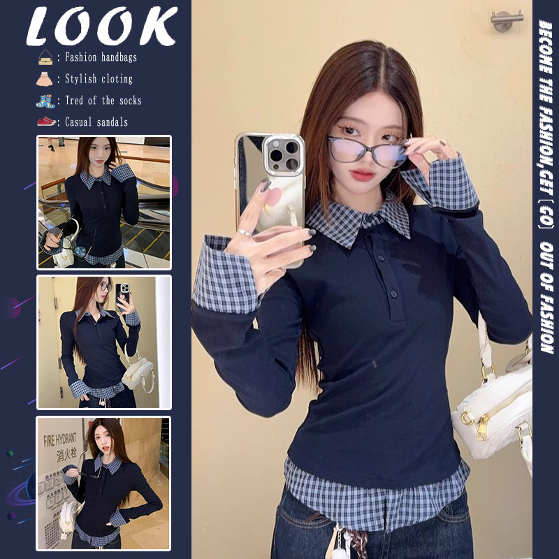 American Academy Style Fake Two-piece Niche Stitching Shirt Long-sleeved T-shirt Women's Spring and Autumn New Slim-fit Tight Waist Top Ins