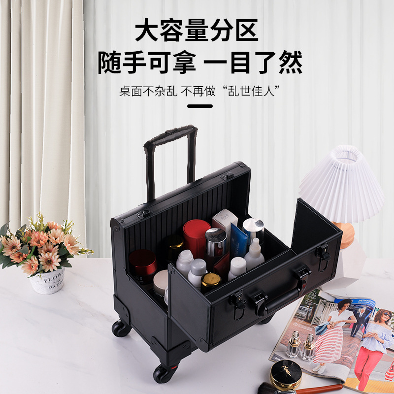 Caja de herramientas de maquillaje de barra de tracción profesional, caja de herramientas de bordado de uñas, peluquería, caja de herramientas de barra de tracción de rueda universal, gran capacidad de cejas