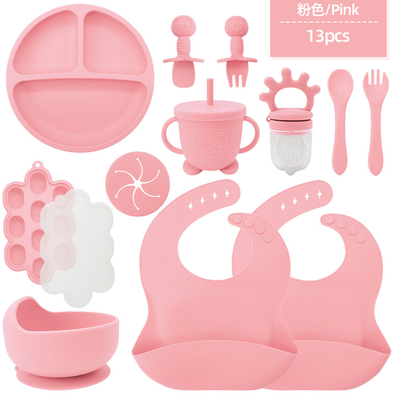 Juego de vajilla de silicona para niños transfronterizos Tazón de comida especial para bebés y niños pequeños Cuchara de silicona de grado alimenticio Juego completo de babero