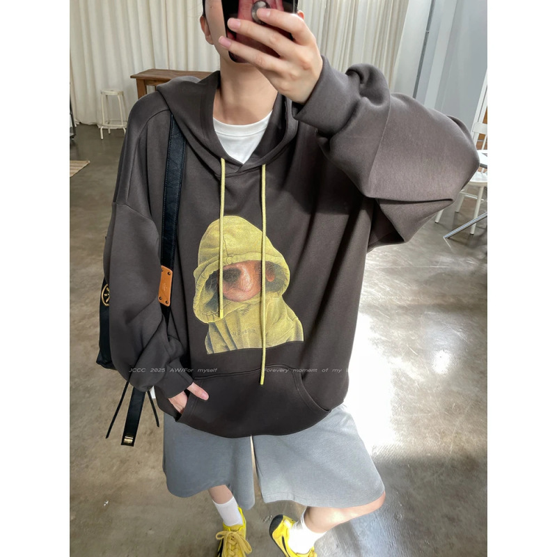 3770# JCCC影子【卫衣小狗】灰绿色卡通印花宽松连帽卫衣|undefined
