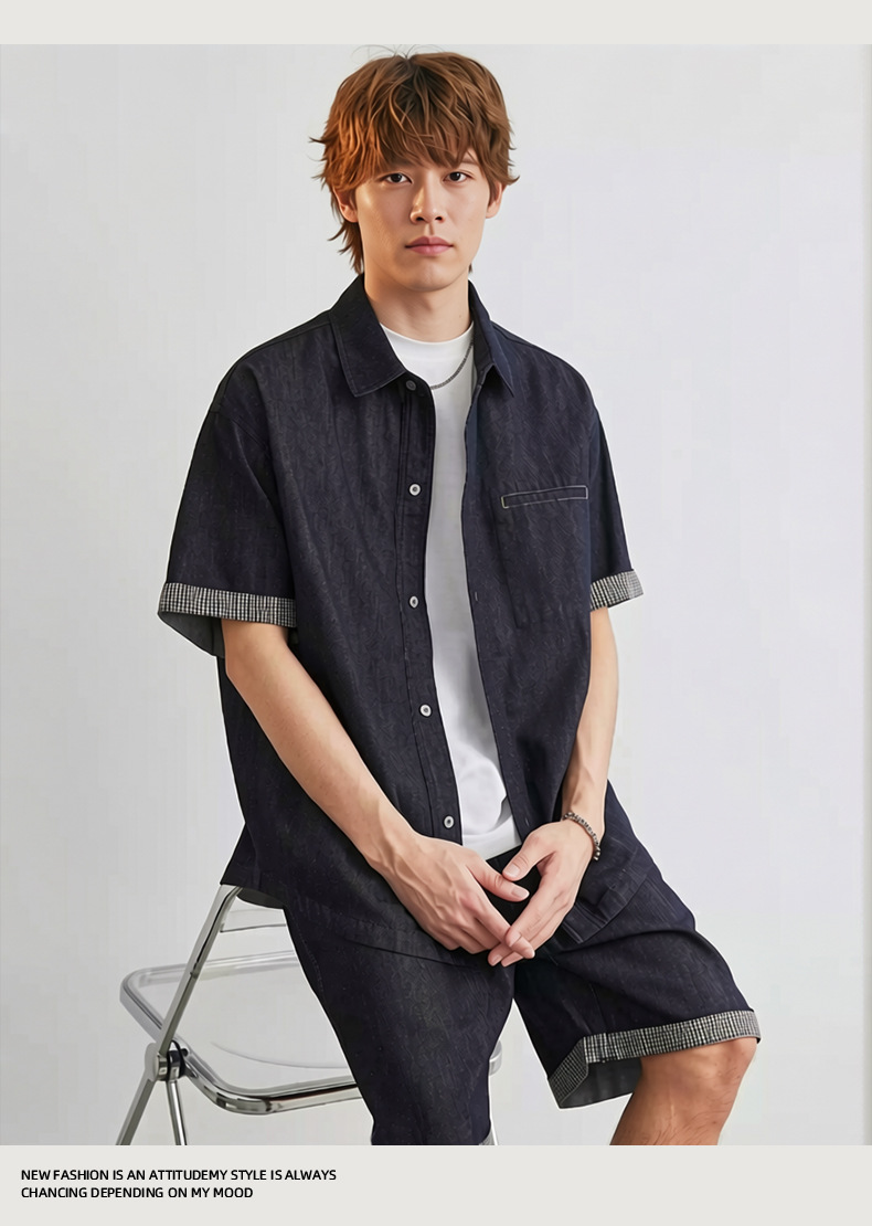 Bộ đồ denim nam 2 mảnh áo sơ mi ngắn tay quần short — màu xanh chi tiết 3